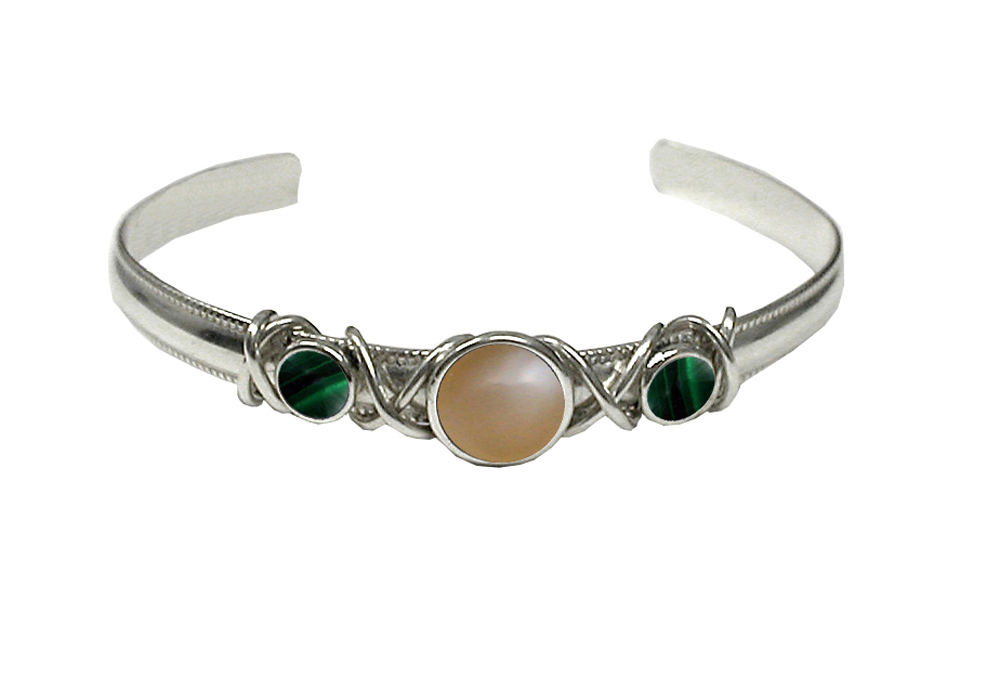 Sterling Silver Hand Made Cuff Bracelet With Peach Moonstone And Malachite